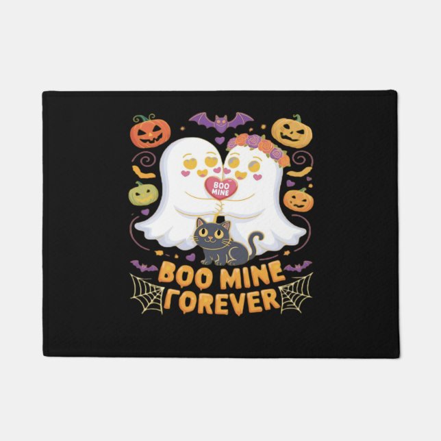 Boo Mine Forever Cute Ghosts Black Cat Love Hallow Doormat (Front)