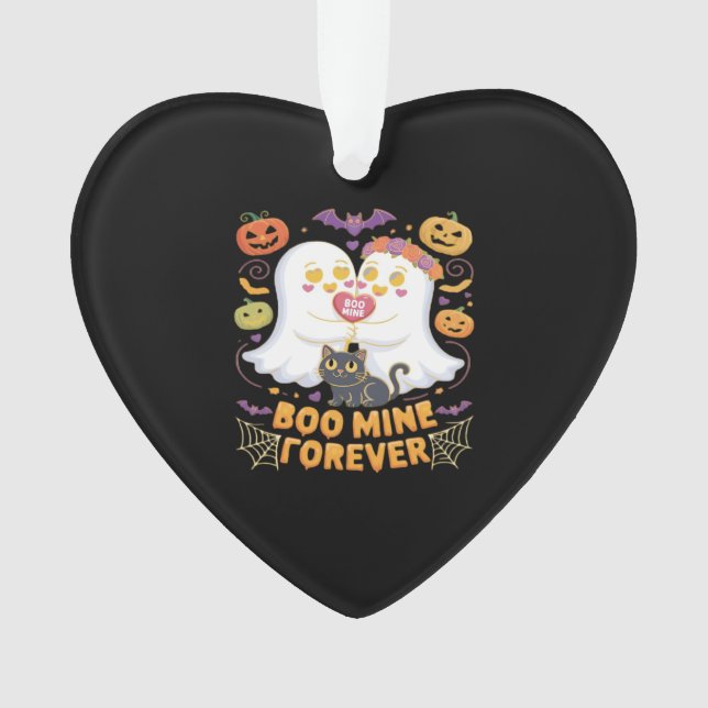 Boo Mine Forever Cute Ghosts Black Cat Love Hallow Ornament (Front)