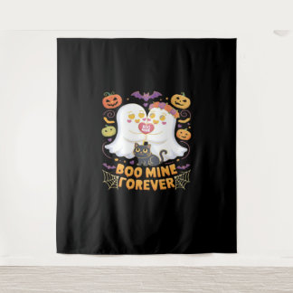 Boo Mine Forever Cute Ghosts Black Cat Love Hallow Tapestry