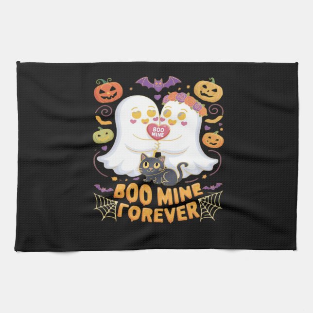 Boo Mine Forever Cute Ghosts Black Cat Love Hallow Tea Towel (Horizontal)