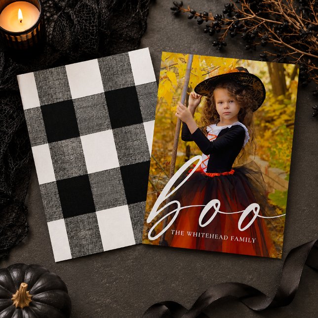 Boo Modern Script Custom Photo Halloween Holiday Card (Send stylish autumn greetings with this Boo modern script custom photo Halloween design. )