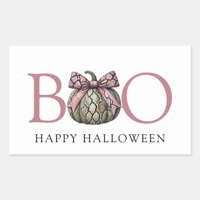 Boo Modern Snake Skin Pumpkin With Pink Bow Rectangular Sticker (Front)