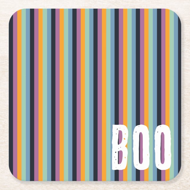 Boo! Muted Orange & Purple Halloween Stripes Square Paper Coaster (Front)