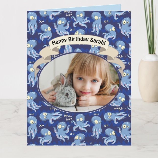 Boo Octopus Blue Cute Kids Birthday Card (Front)