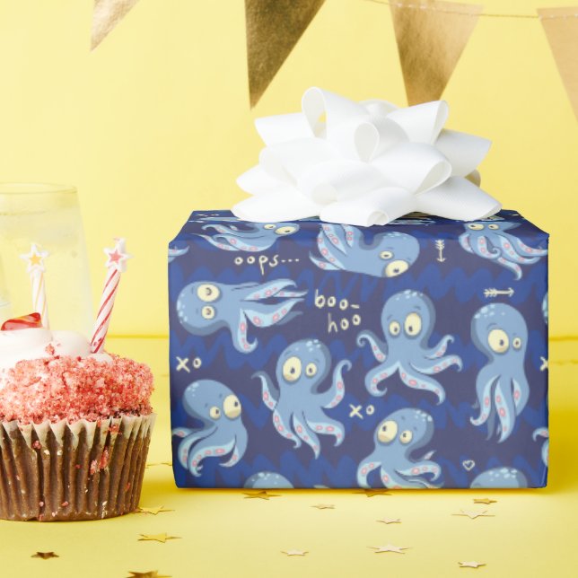 Boo Octopus Blue Cute Kids Birthday Party Ocean Wrapping Paper (Birthday Party)