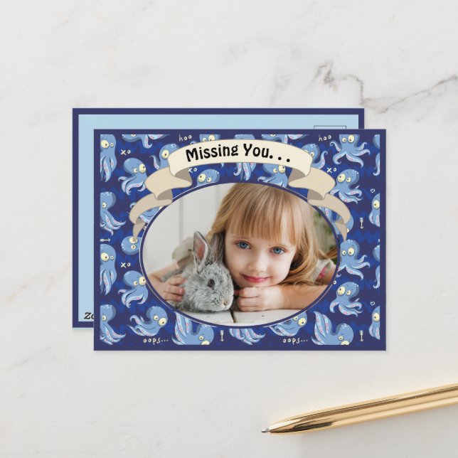 Boo Octopus Blue Cute Kids Missing You Holiday Postcard (Front/Back In Situ)