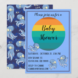 Boo Octopus Blue Retro Baby Shower Invitation