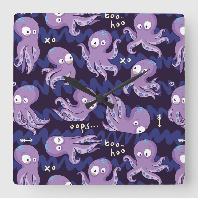 Boo Octopus Cute Purple Kids Clothing & Décor Square Wall Clock (Front)