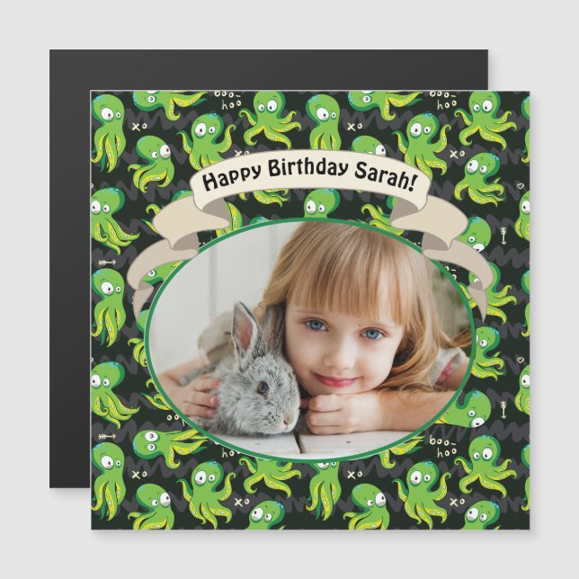 Boo Octopus Green Cute Kids Birthday Magnet (Front/Back)