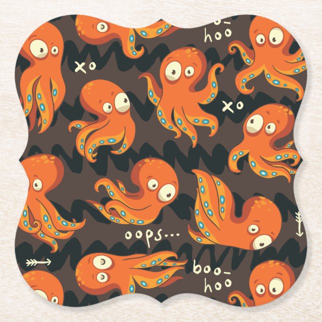 Boo Octopus Orange & Black Kids Clothing & Décor Paper Coaster (Front)