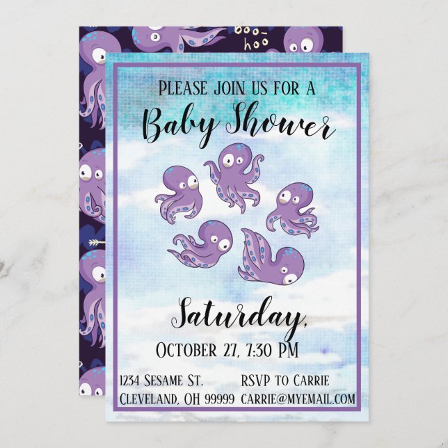Boo Octopus Purple Baby Shower Invitation (Front/Back)