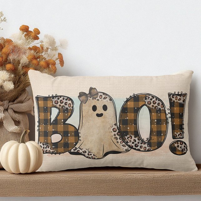 Boo Orange Black Plaid Halloween Lumbar Cushion (Cute but Spooky Ghost Halloween Pillow)