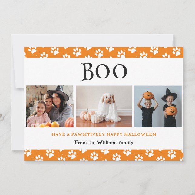 Boo Orange Pet Paws 3 Photo Happy Halloween  Holiday Card (Front)