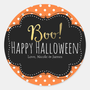 BOO! Orange & White Polka Dot Halloween Favour Classic Round Sticker