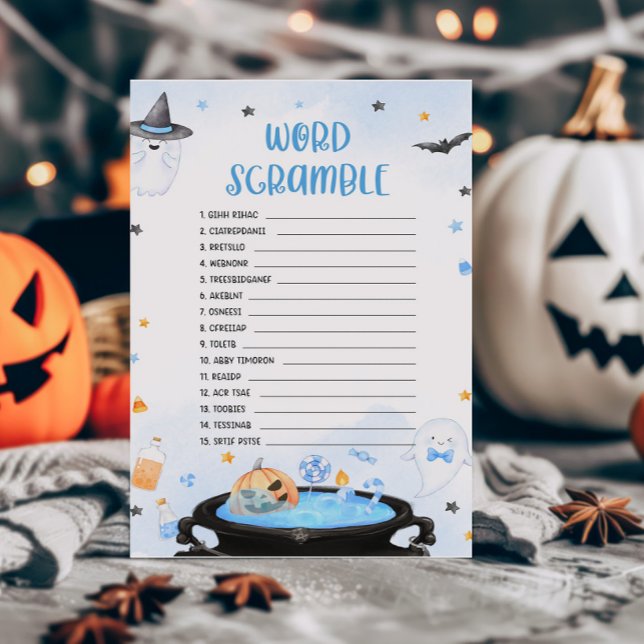 Boo-oy Halloween Baby Shower Word Scramble Game (Blue Oh Sheet Baby Shower Word Scramble Game)