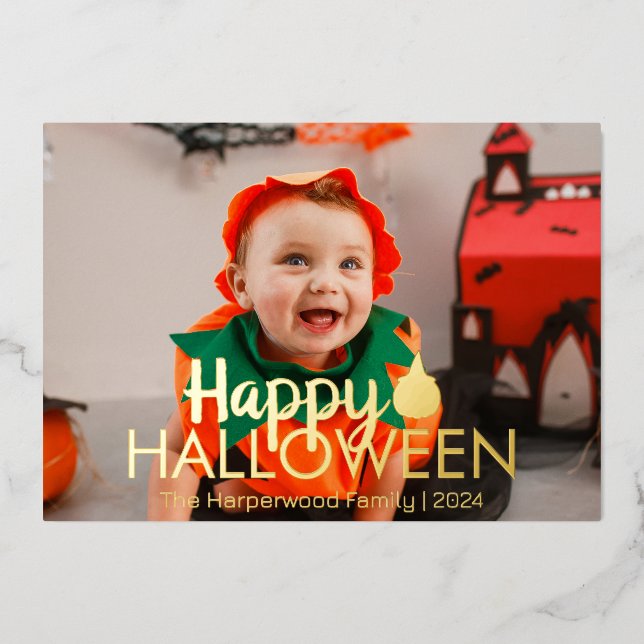 Boo pumpkin jack-o-lantern happy Halloween Photo Foil Holiday Card (Front)