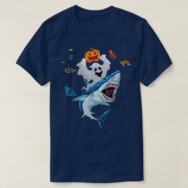 Boo Riding Shark Halloween Pumpkin Kids Boys Girls T-Shirt (Design Front)