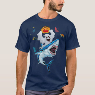 Boo Riding Shark Halloween Pumpkin Kids Boys Girls T-Shirt