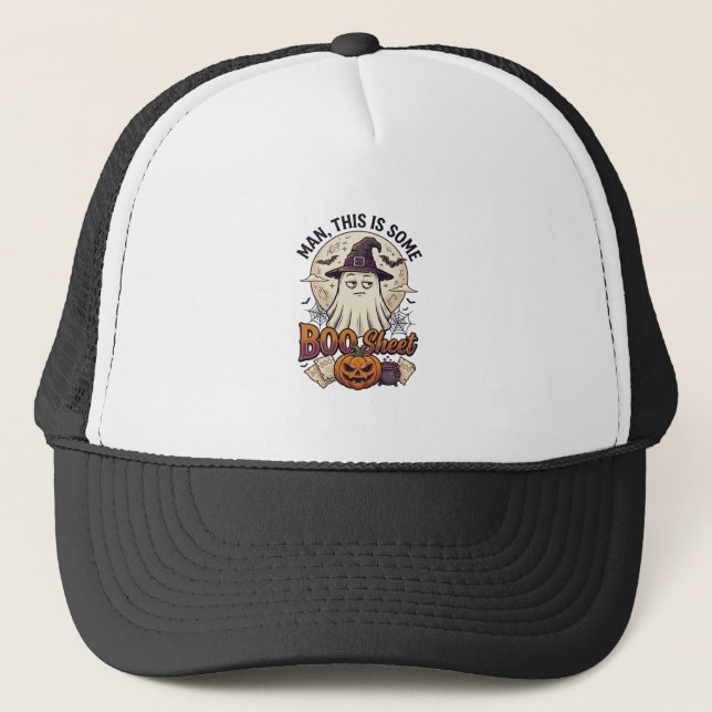 Boo Sheet Ghost Pumpkin Halloween Moon Cauldron Trucker Hat (Front)
