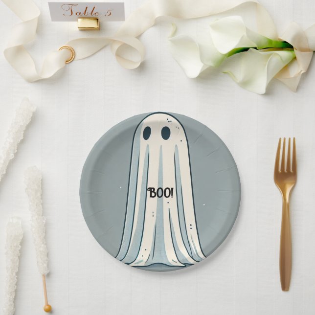 BOO! Sheet Ghost Vintage Green Halloween  Paper Plate (Wedding)