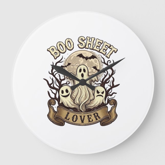 Boo Sheet Lover Halloween Ghosts Moon Bats_1 Large Clock (Front)
