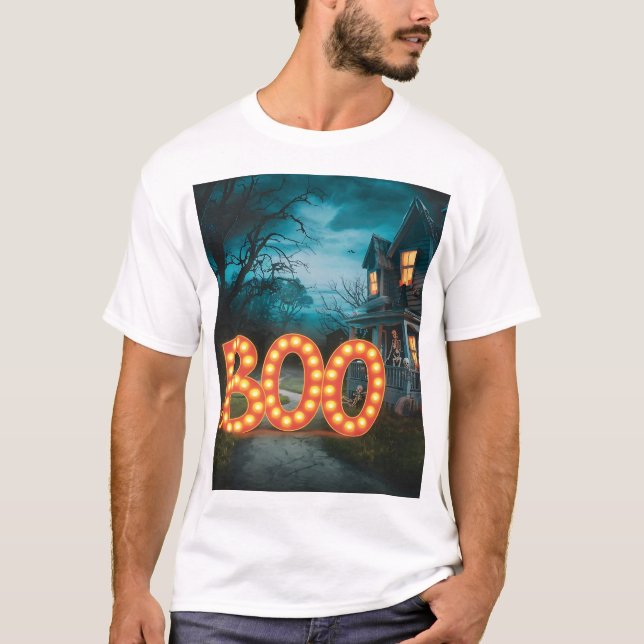 Boo Skeleton Pumpkin Haunted House Halloween Tee (Front)