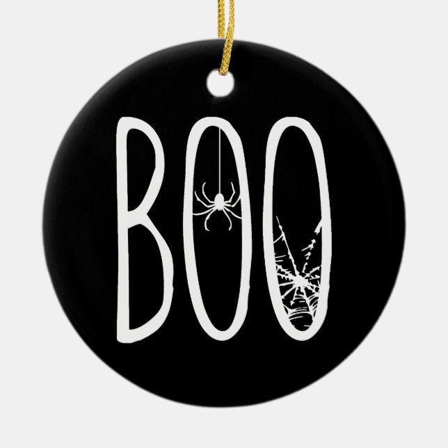 Boo Spider & Spiderweb Spooky Eerie Halloween BLK Ceramic Tree Decoration (Front)