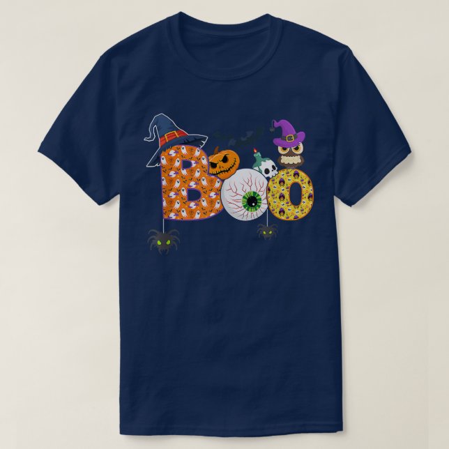 Boo Spiders Ghosts Pumkin & Witch Hat Funny Hallow T-Shirt (Design Front)