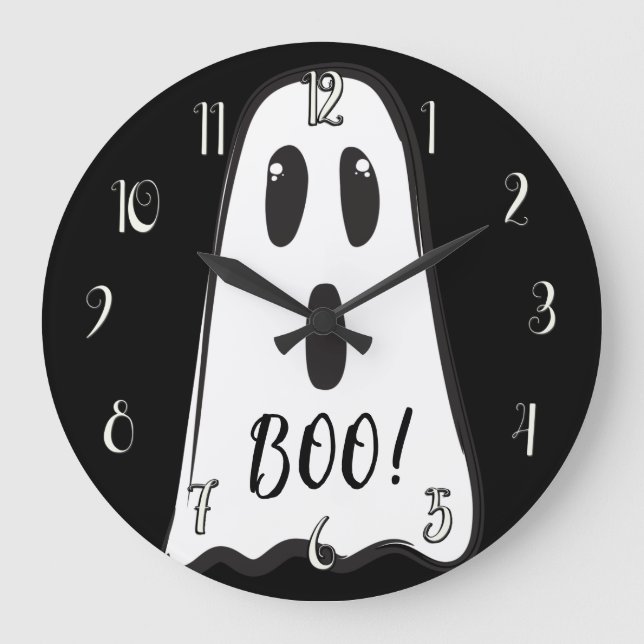 BOO! Spooky Cute Ghost Halloween Black White Large Clock (Front)