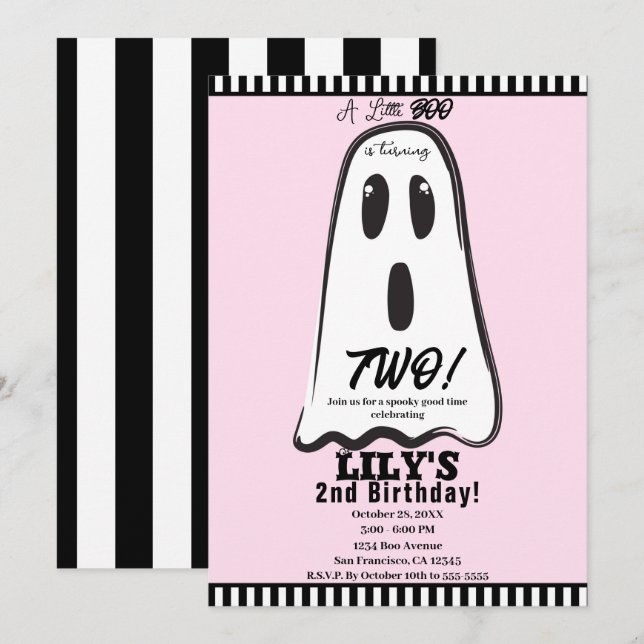 BOO! Spooky Cute Ghost Pink Halloween Birthday  Invitation (Front/Back)