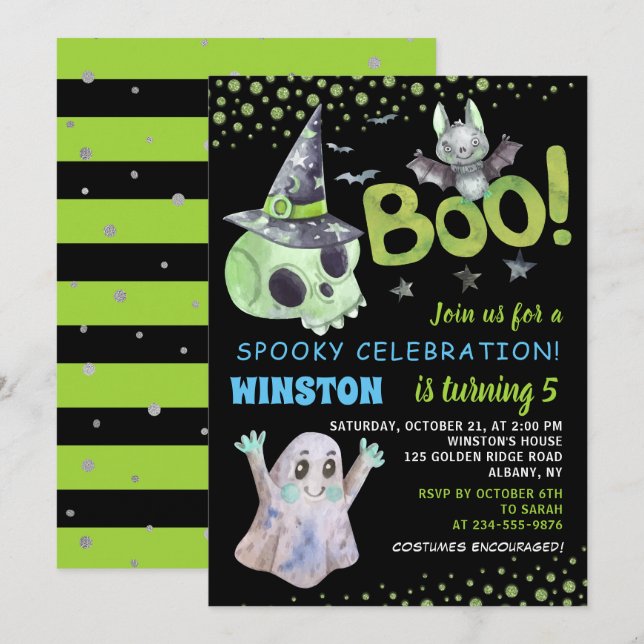 Boo Spooky Green Skull Boy Halloween Birthday Invitation (Front/Back)