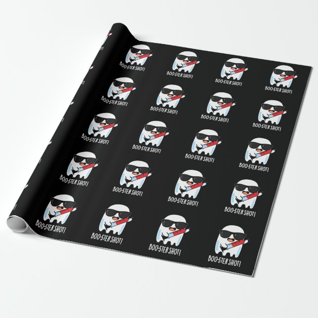 Boo-ster Shot Funny Ghost Vaccine Pun Dark BG Wrapping Paper (Unrolled)