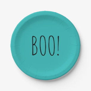 Boo teal and black minimalist simple Halloween  Paper Plate