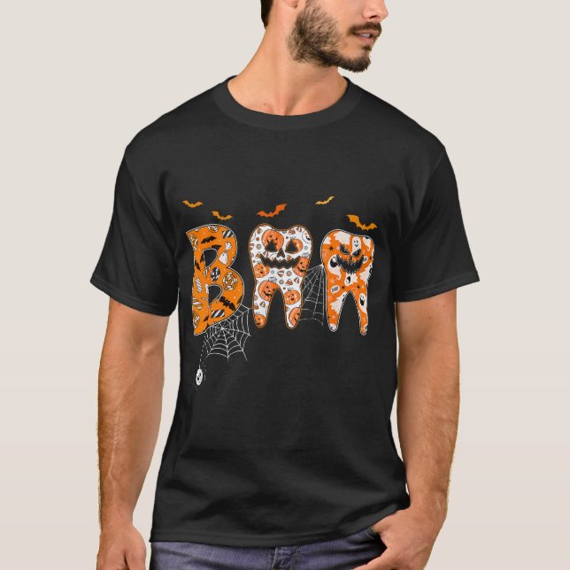 Boo Teeth Pumpkin Dentist Dental Hygienist  T-Shirt (Front)