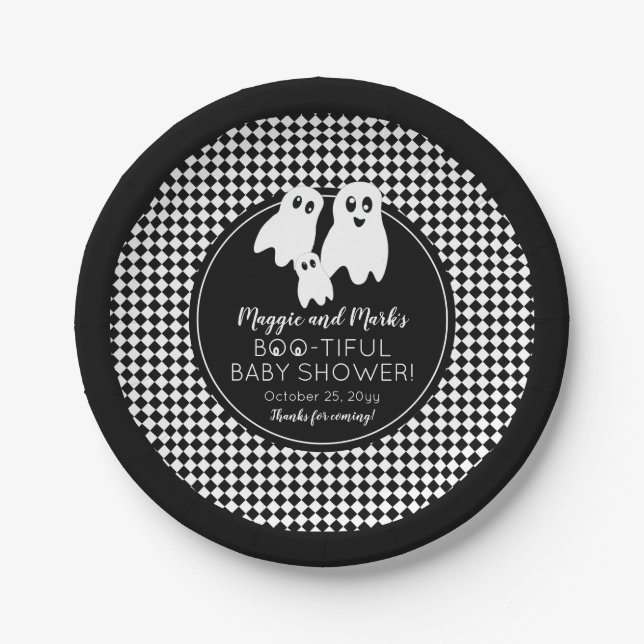 BOO - TIFUL Baby Shower BW Halloween Thank You Paper Plate (Front)