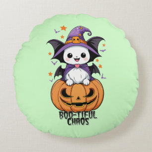 Boo-tiful Chaos   Bats, Hats, & Pumpkins Round Cushion