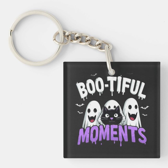 Boo-Tiful Moments Cute Halloween Ghosts and Bats Key Ring (Front)