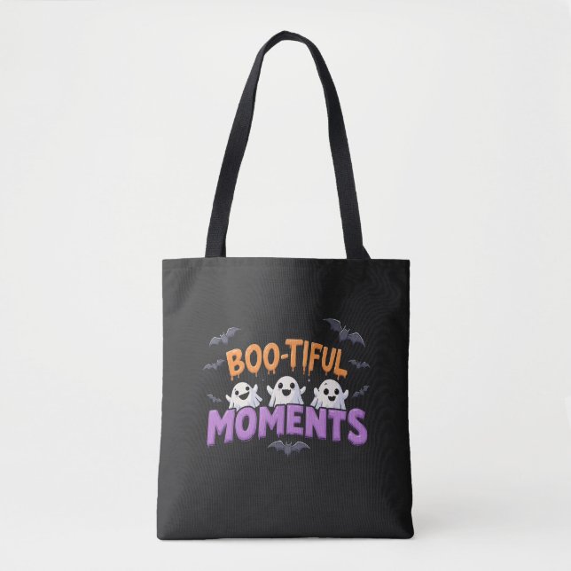 Boo-Tiful Moments Cute Halloween Ghosts and Bats Tote Bag (Front)