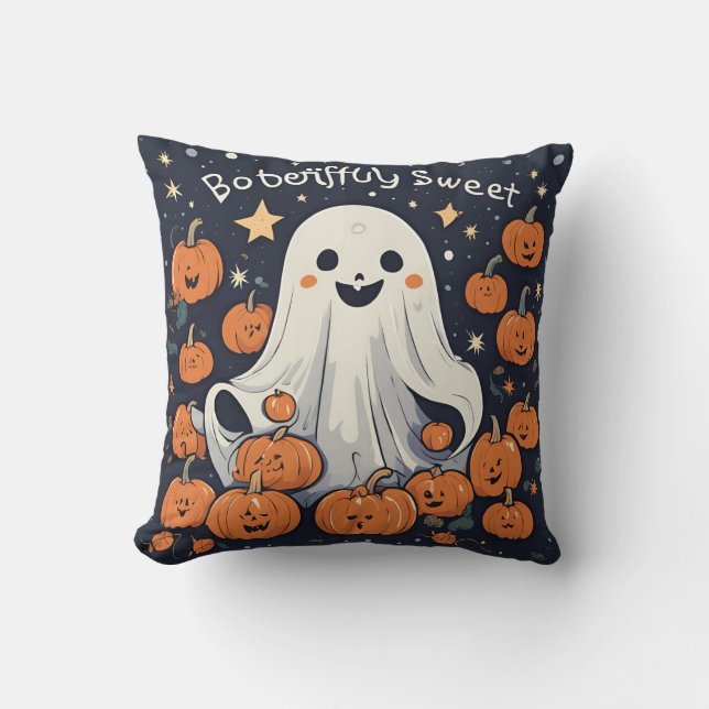 Boo-tifully Sweet Ghost & Pumpkin Throw Pillow (Front)