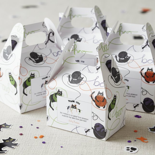 Boo-tifully Tangled Black Cats and Yarn Halloween Favour Box (Black Cat & Boo Yarn Halloween October Birthday Party Thank You Favor Boxes in White for Cat Lover)