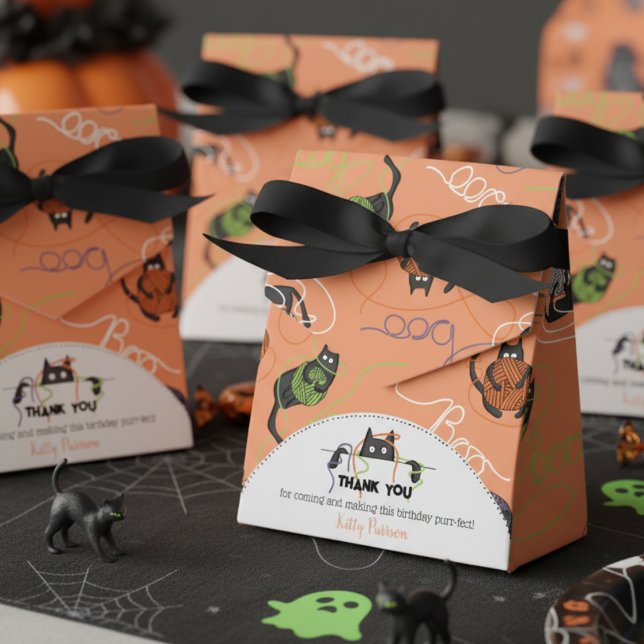 Boo-tifully Tangled Black Cats and Yarn Halloween Favour Box (Cute Black Cats Favor Boxes for Kids Birthday. Whimsical Black Kittens Playing with Halloween Yarn)