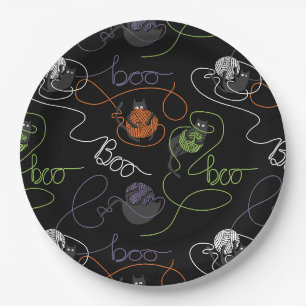 Boo-tifully Tangled Black Cats and Yarn Halloween Paper Plate