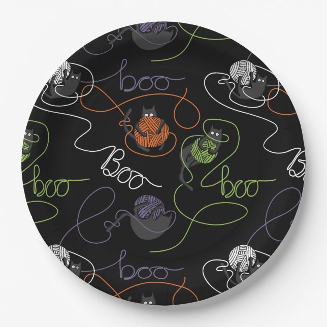 Boo-tifully Tangled Black Cats and Yarn Halloween Paper Plate (Front)