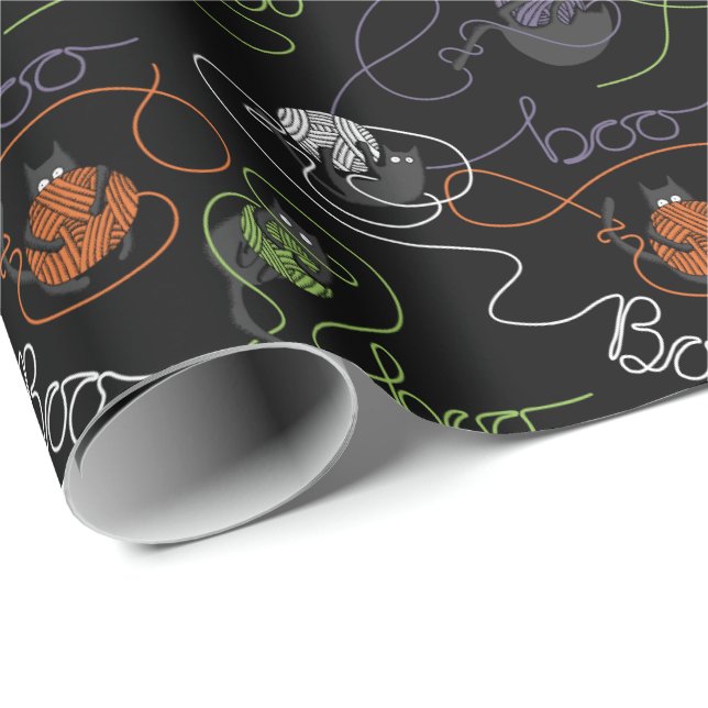 Boo-tifully Tangled Black Cats and Yarn Halloween Wrapping Paper (Roll Corner)