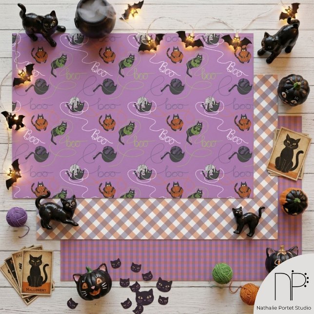 Boo-tifully Tangled Cat Halloween Wrapping Paper Sheet (Hand drawn black cat and yarn wrapping paper for knitters and spooky holiday celebrations)
