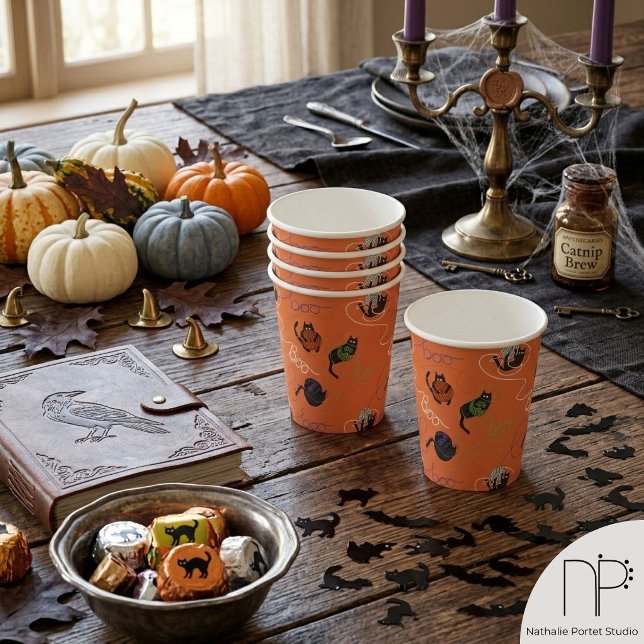 Boo-tifully Tangled Orange Halloween Paper Cups (Hand drawn black cat and yarn Halloween paper cups with a fun sense of humor)