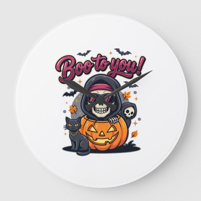 Boo to You Halloween Skeleton Pumpkin Large Clock (Front)