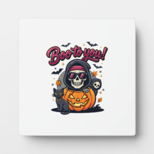 Boo to You Halloween Skeleton Pumpkin Plaque