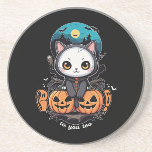 Boo to You Too Cute Cat Bat Wings & Pumpkin Coaster