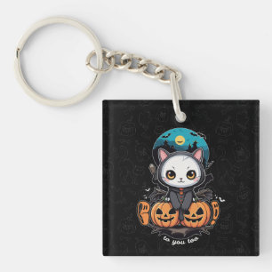 Boo to You Too Cute Cat Bat Wings & Pumpkin Key Ring